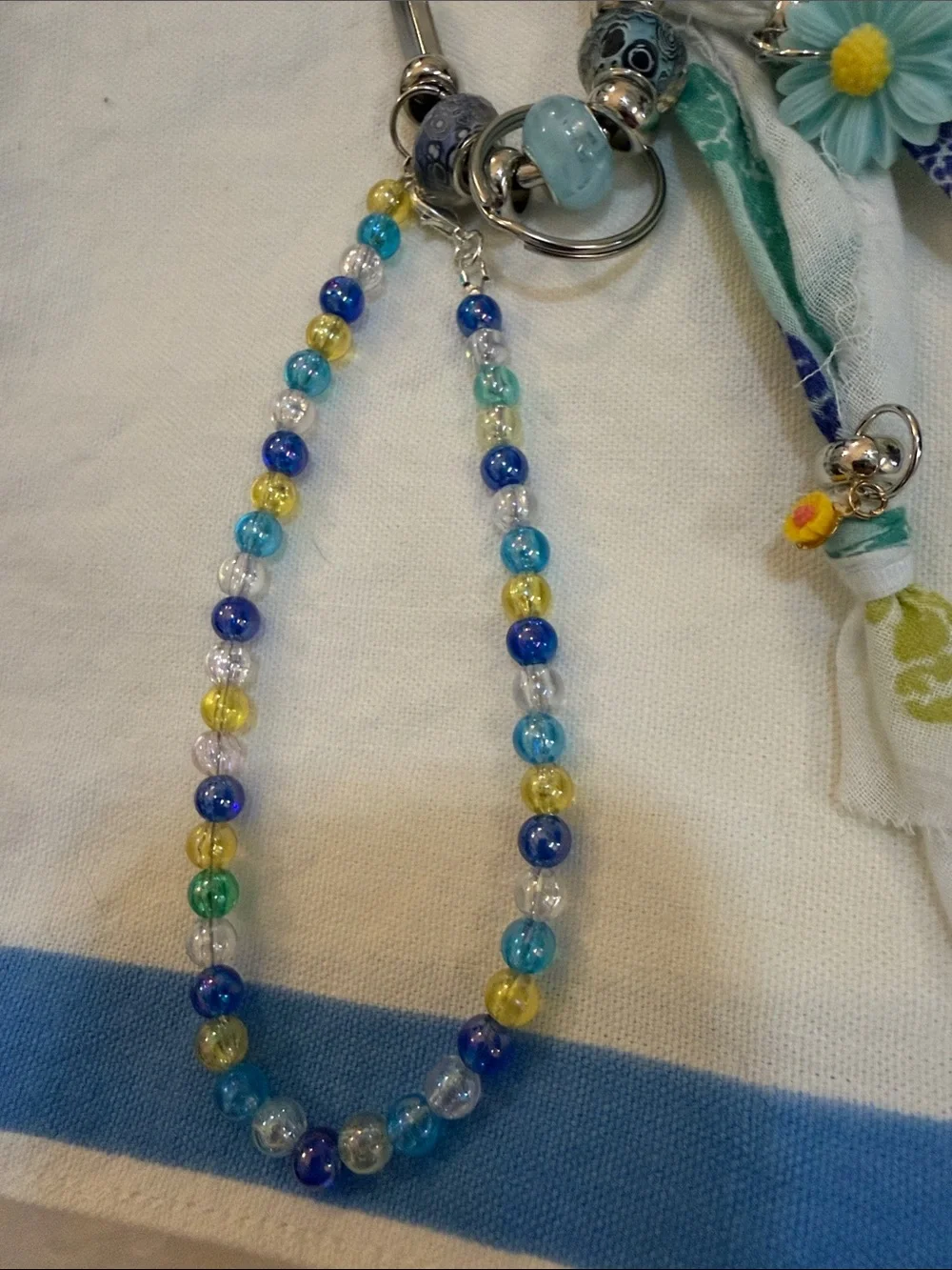 Decorative Blue & Yellow Beaded Keychain with Floral Charm bag charm